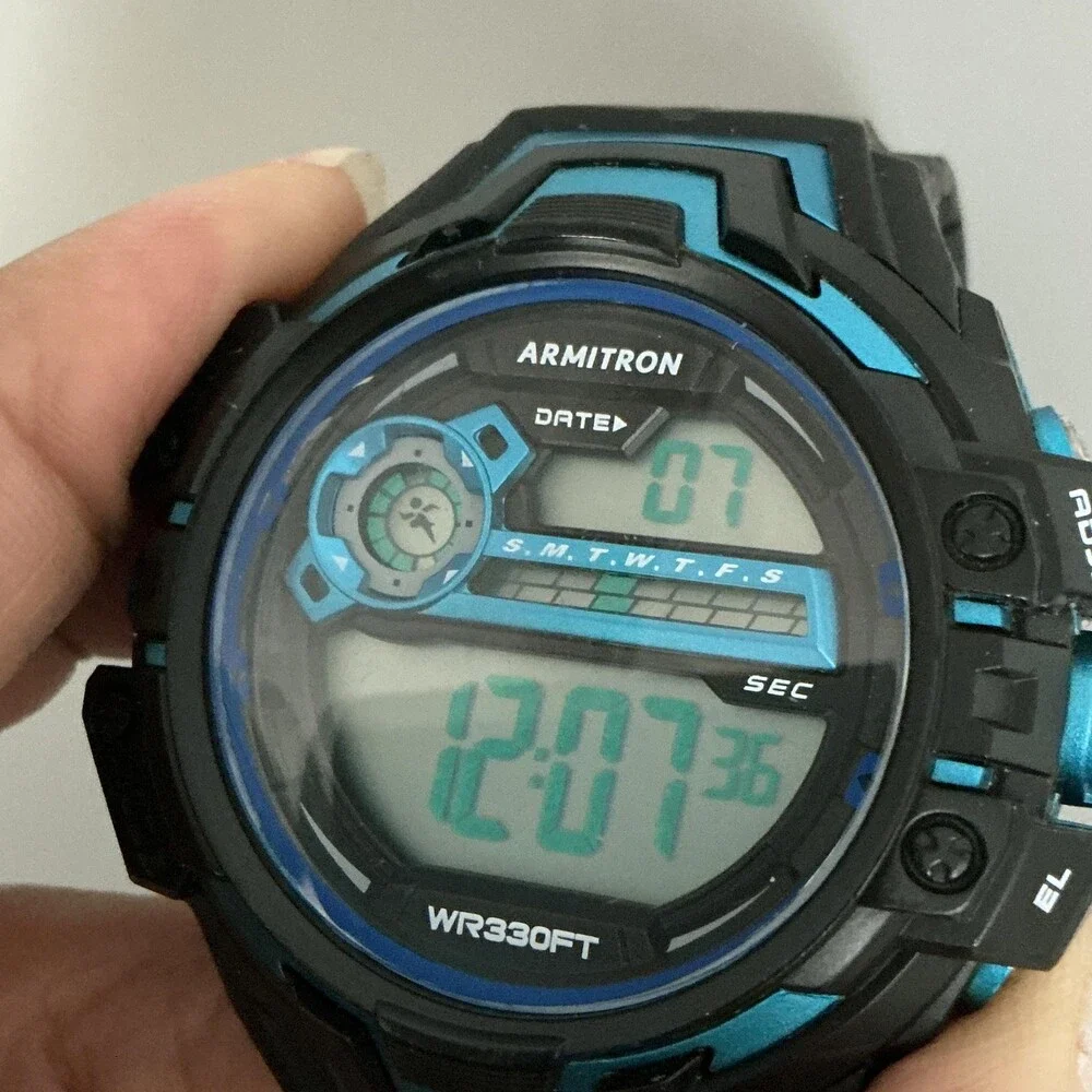 Armitron 40/8342 Mens Watch 53mm Digital Backlight Black Blue Resin New Battery